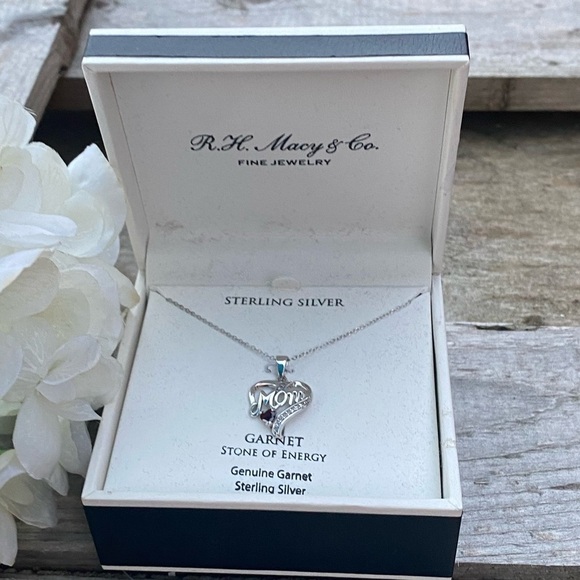 NWT MACY’S RHODOLITE GARNET & WHITE SAPPHIRE HEART MOM STERLING SILVER NECKLACE - Picture 8 of 12